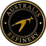 Circular black and gold Australis Refinery logo with an abstract gold emblem in the center and the words 'AUSTRALIS REFINERY' around the edge